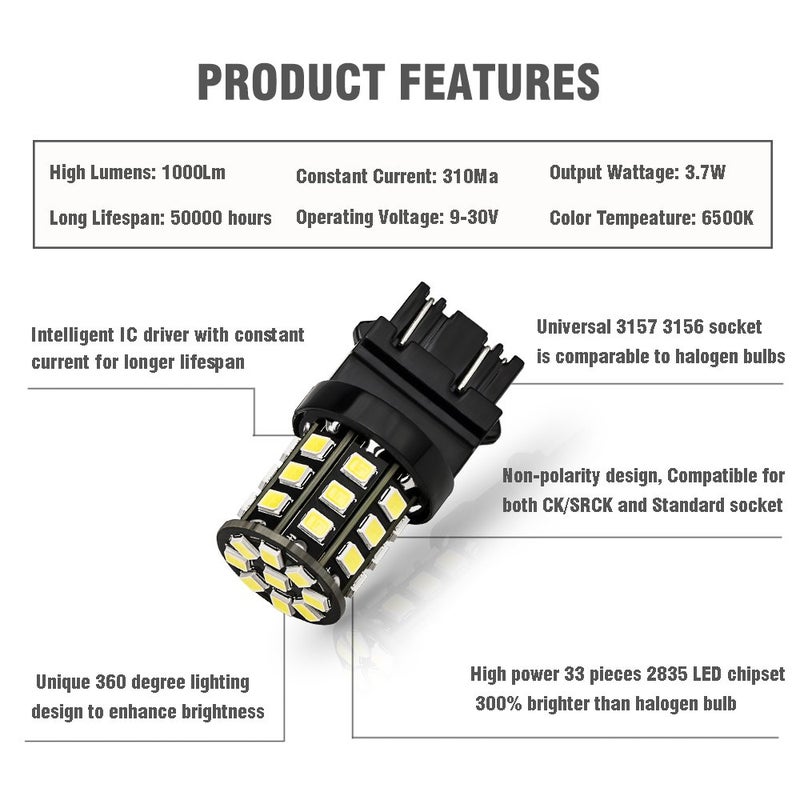 Antline 3157 3156 3057 4157 3056 3157LL LED Bulbs White, 12-24V Super Bright 1000 Lumens Replacement for Backup Reverse Lights, Tail Brake Lights, Turn Signal Lights (Pack of 4) - Image 3